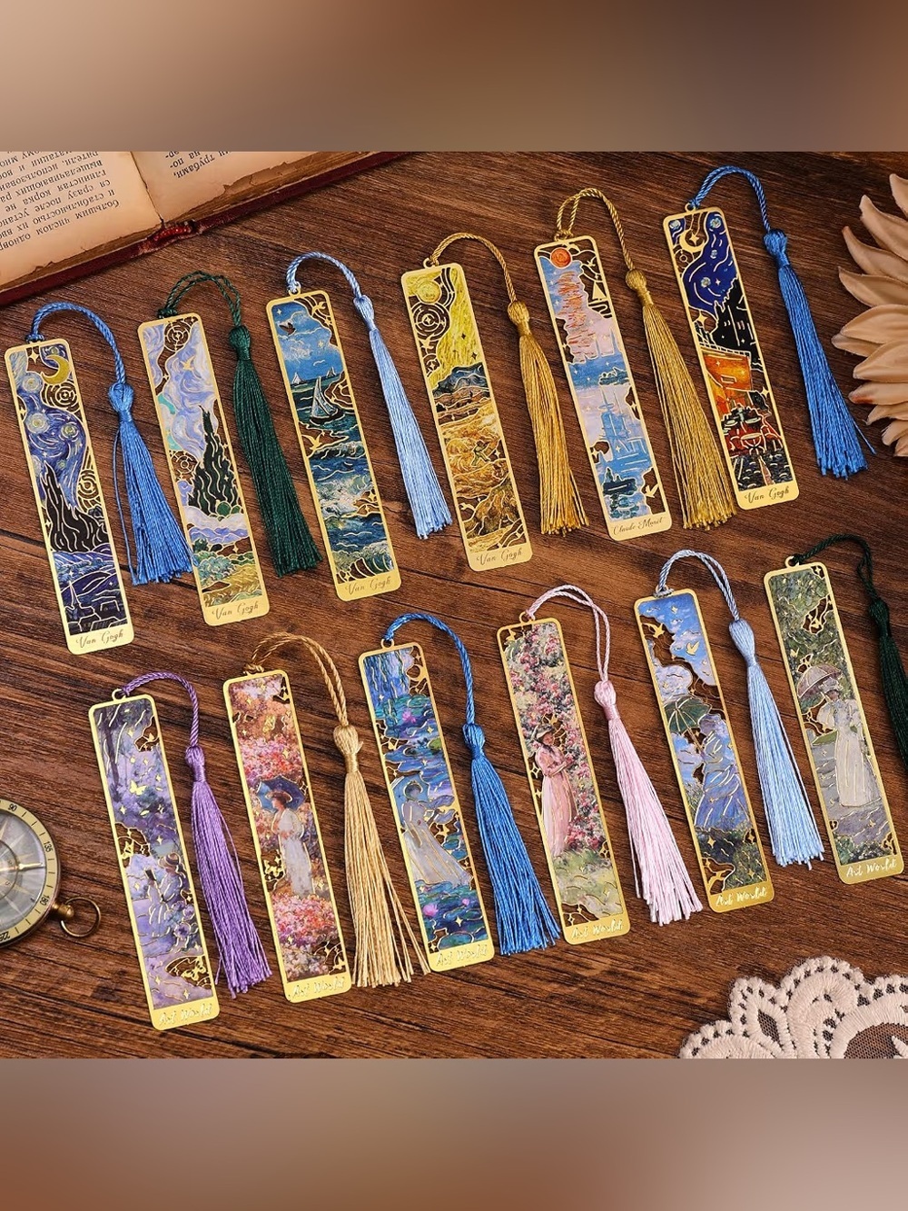 1 Piece Metal Bookmark with Tassel, Golden Hollow Bookmark Oil Painting Theme